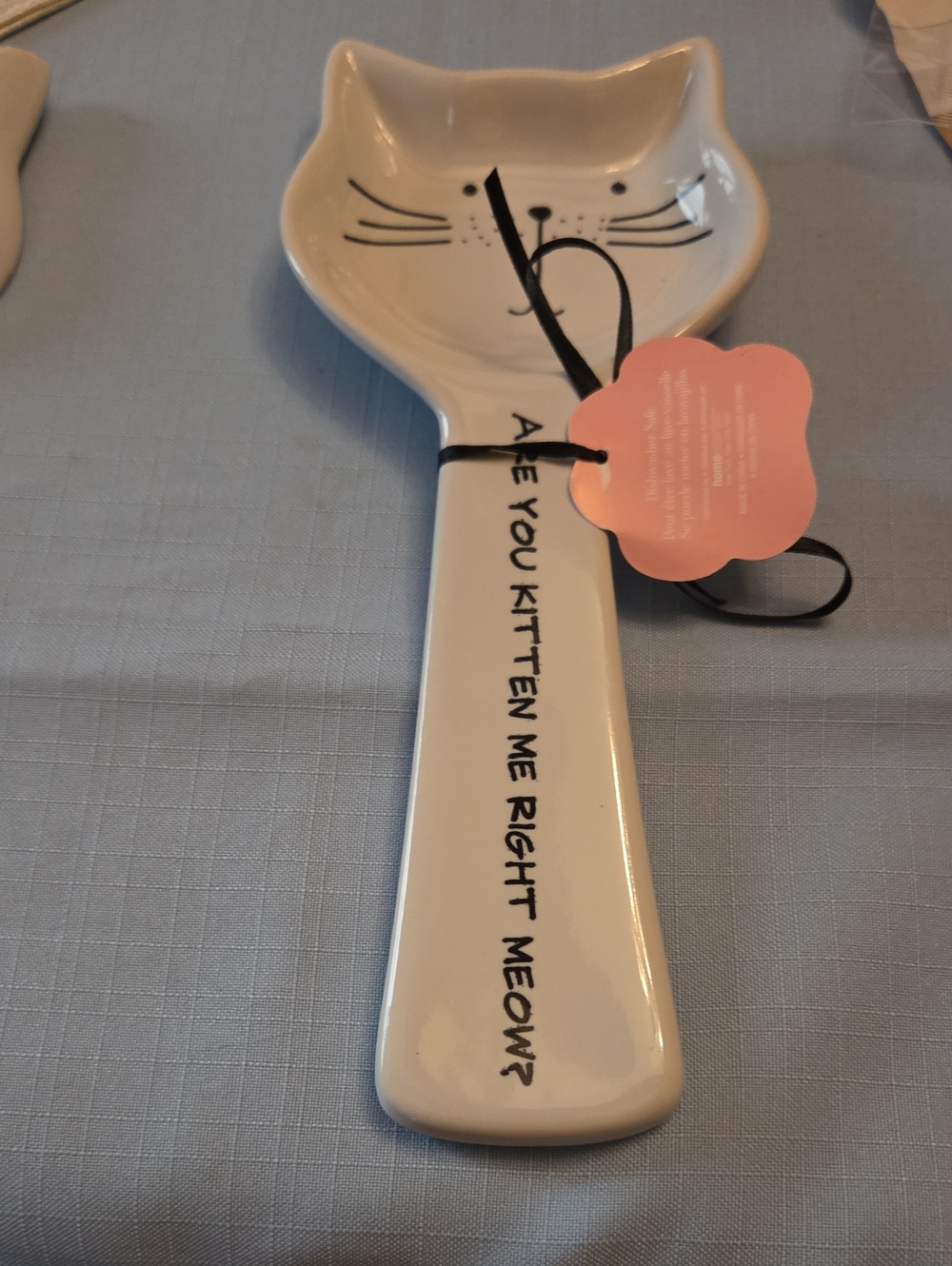 Ceramic Cat Spoon Rest - White with Black Cat Design